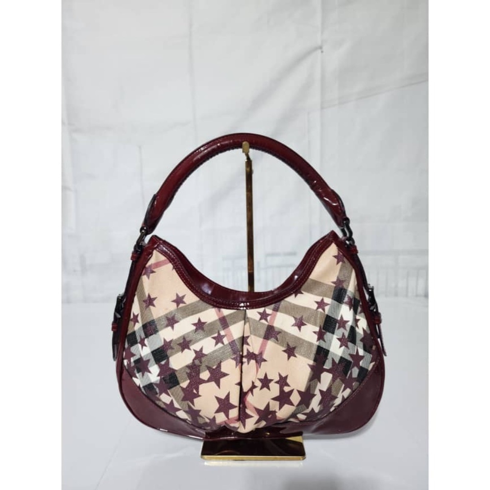 Authentic Burberry Nova Check Berry Red Star Small Hernville Hobo Bag Burgundy - Picture 11 of 13